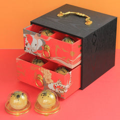 8pcs of handmade White Lotus Shanghai Mooncake in a solid square wooden box designed with a bright red double layered pull out shelf with 4 Mooncakes in each layer